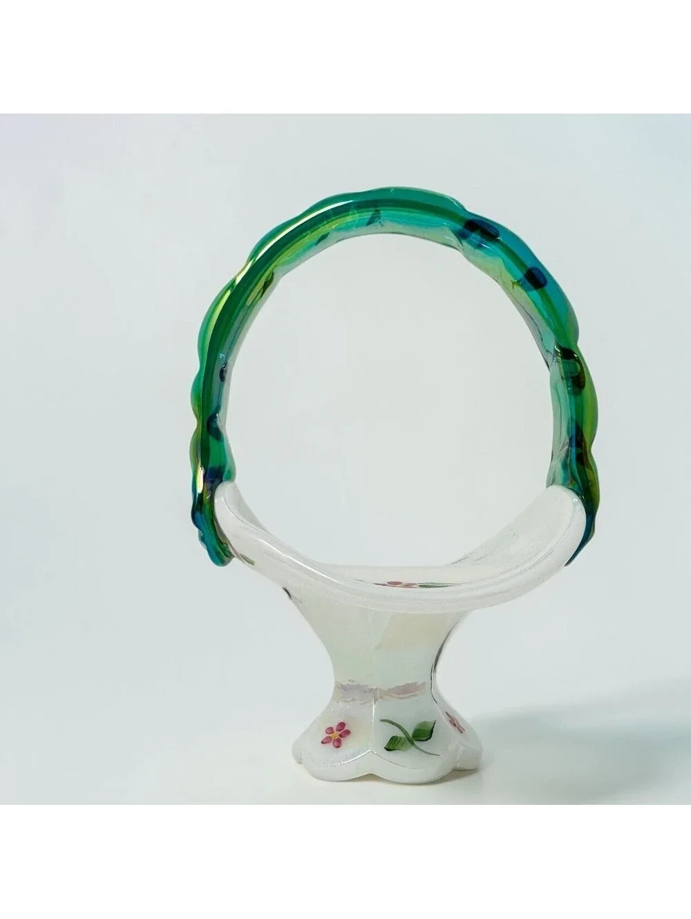 Fenton Glass Iridescent Spanish Lace Floral Hand Painted Mini Basket Signed
